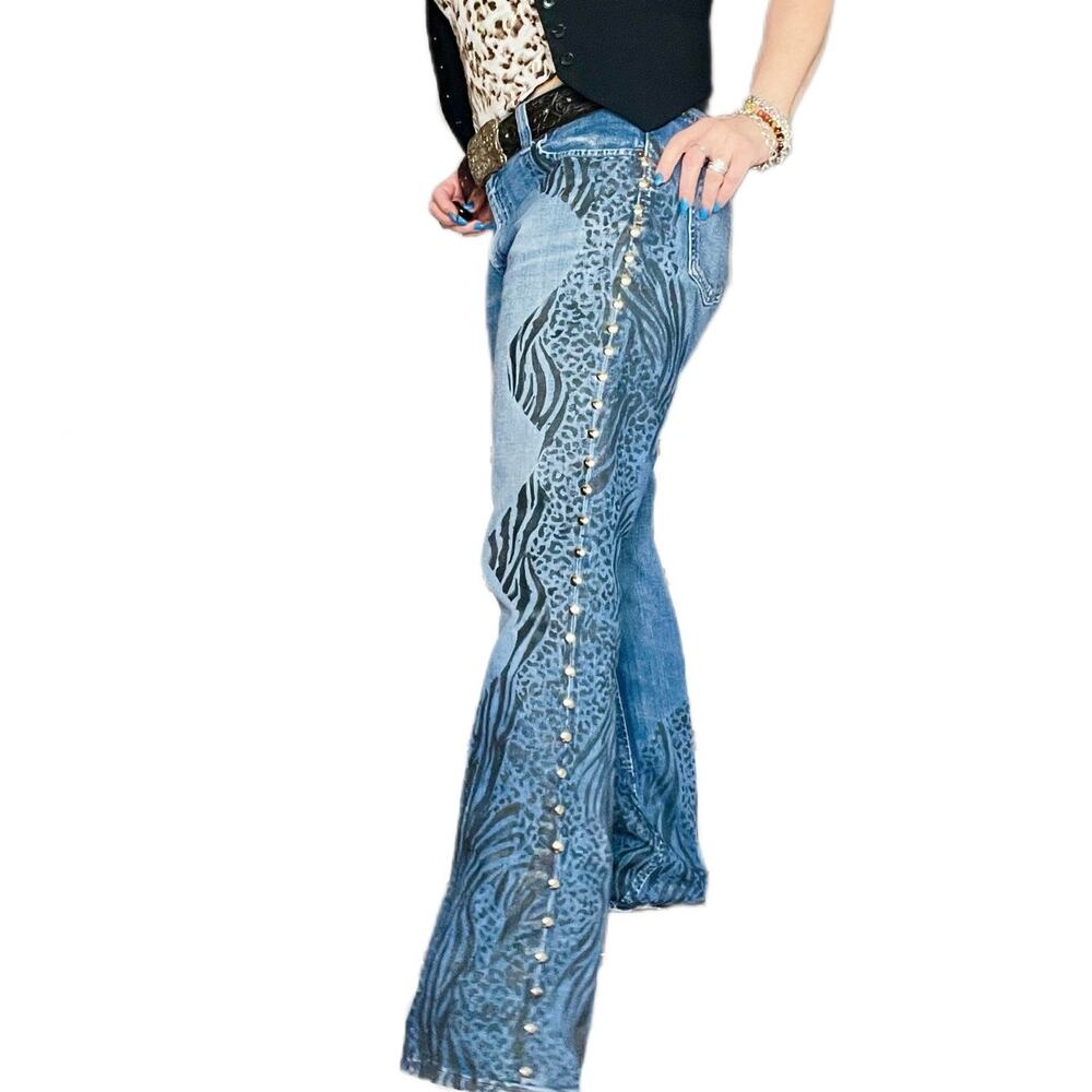 Womens Gap Up-cycled jeans custom hand painted chetah animal print silver studs